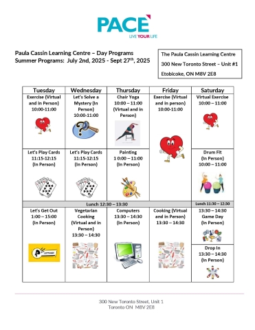PACE Summer program calendar at the Paula Cassin Learning Centre